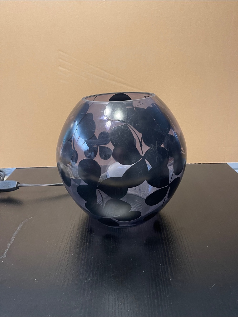 IKEA Purple Glass Globe Vase with Black Leaf Pattern